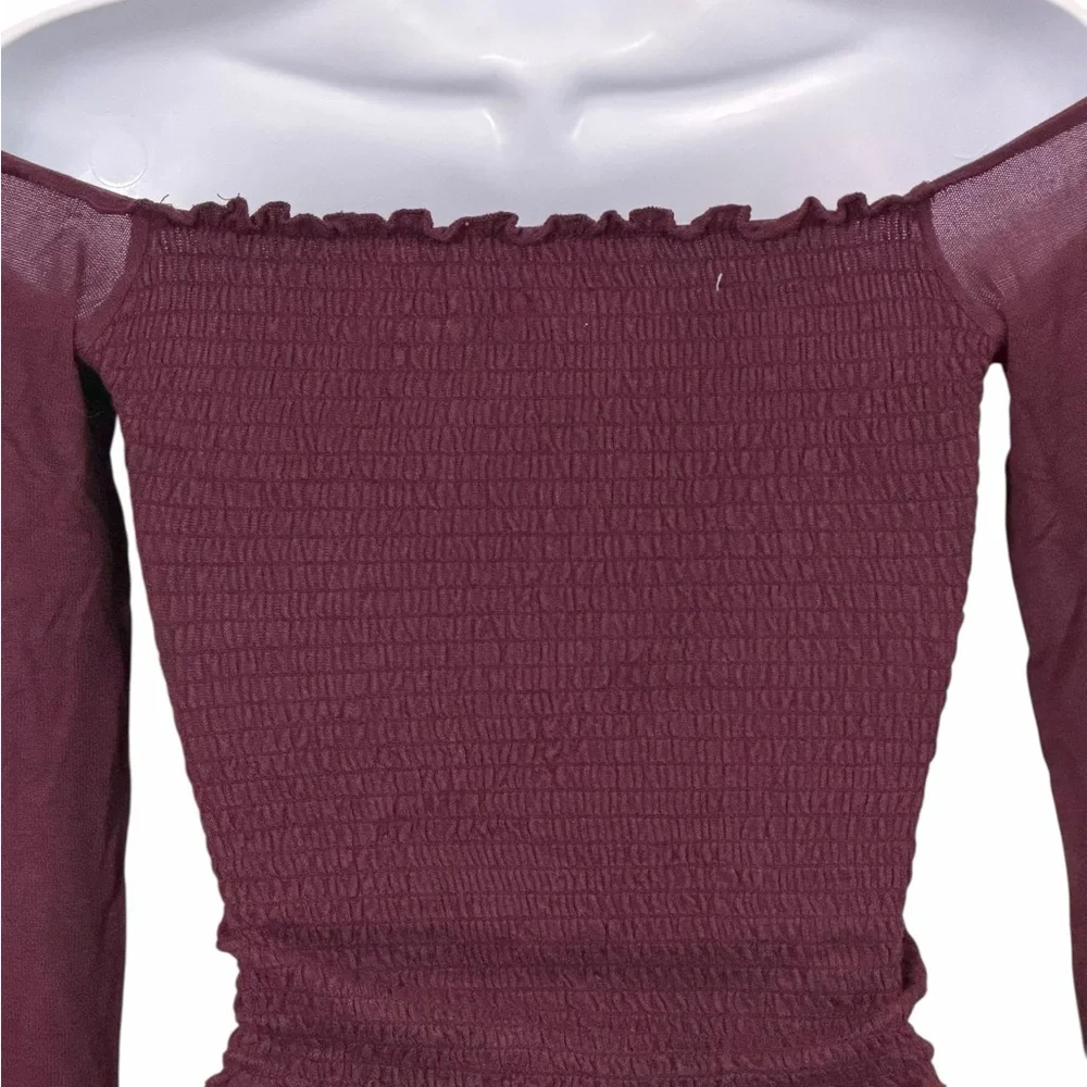 Hollister Off the Shoulder Smocked Crop Top Burgundy Long Sleeve XS